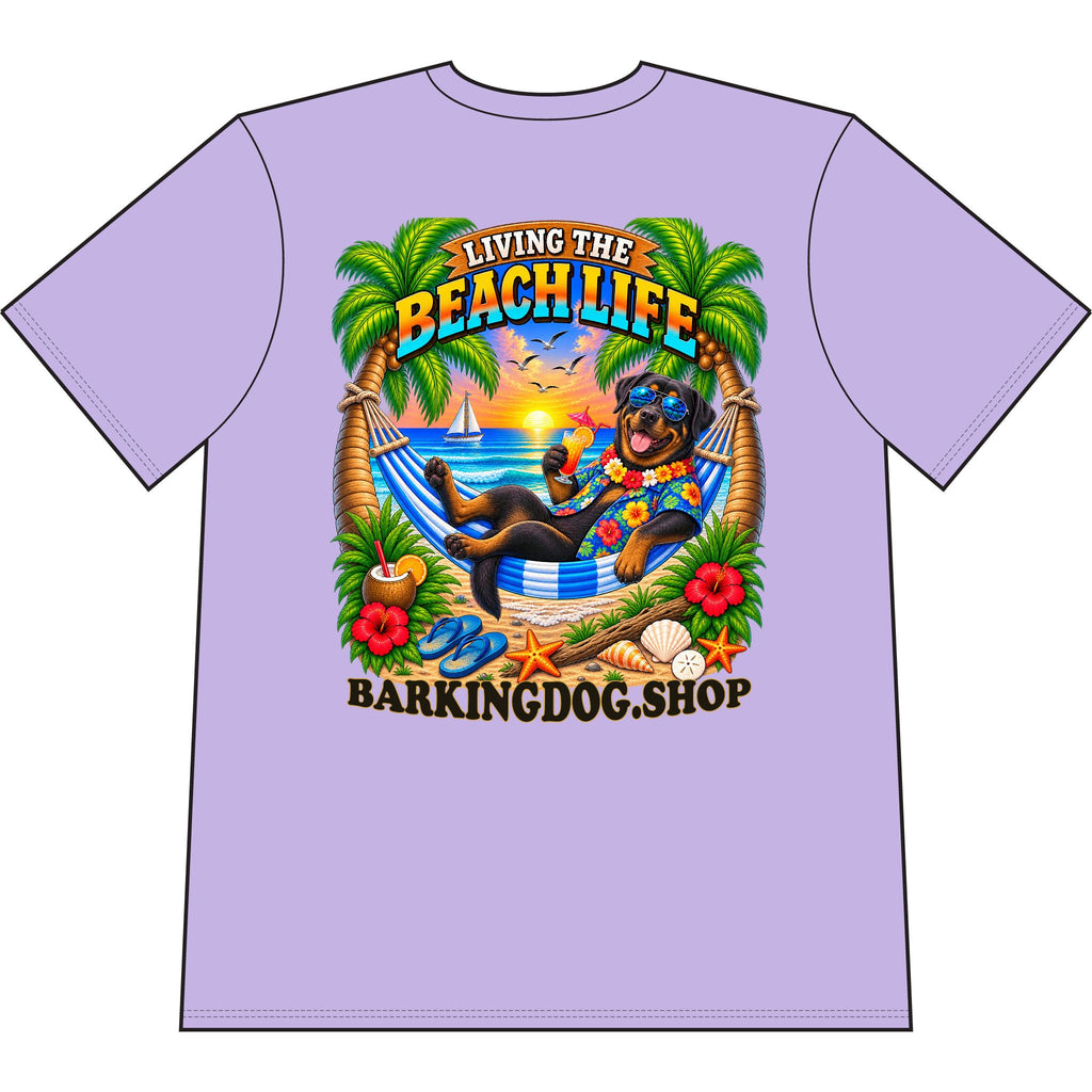 Rottweiler Beach Life Canine T Shirt Beach Collection Living the Beach Life Tropical Graphic Tee Wag On BarkingDog Shop