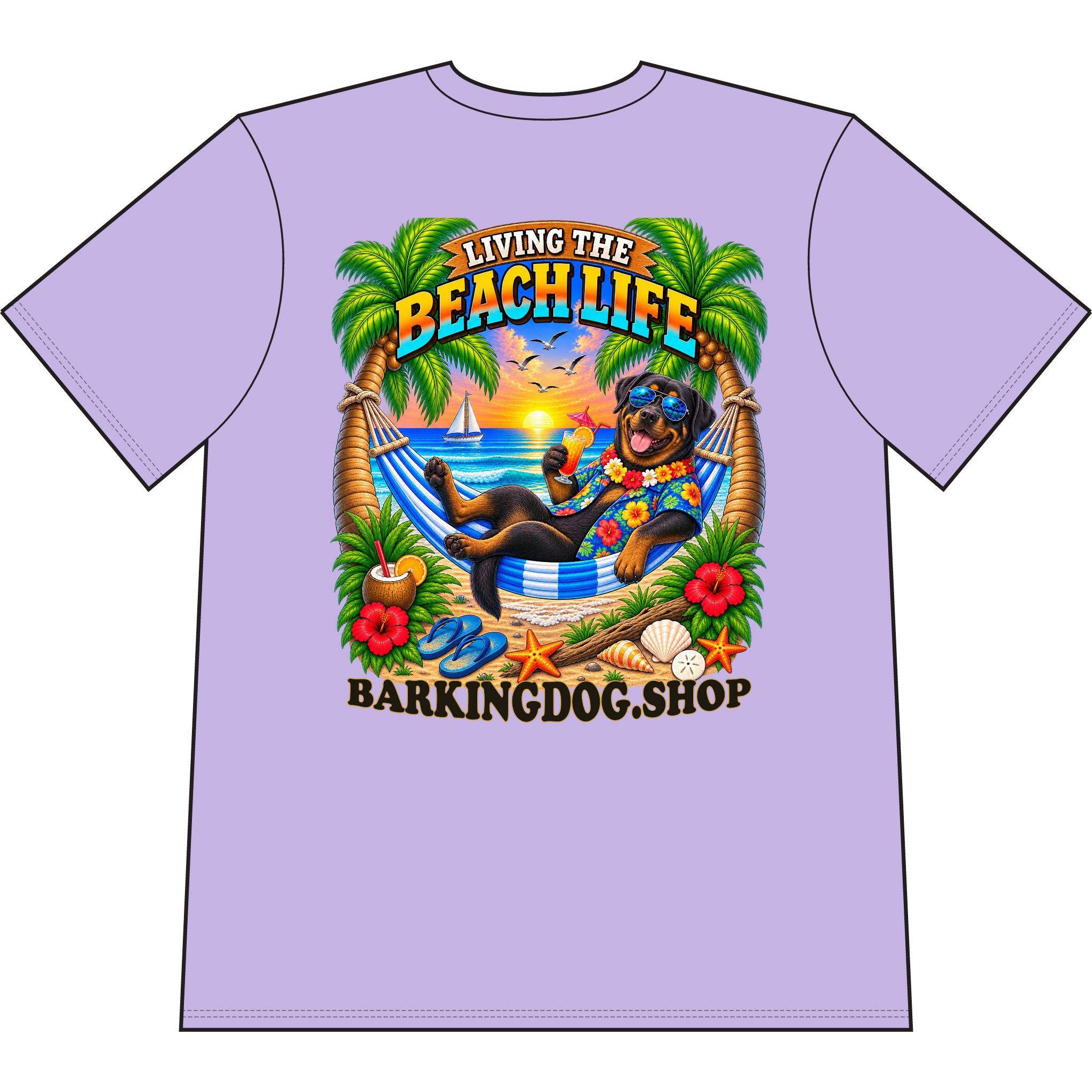 Rottweiler Beach Life Canine T Shirt Beach Collection Living the Beach Life Tropical Graphic Tee Wag On BarkingDog Shop