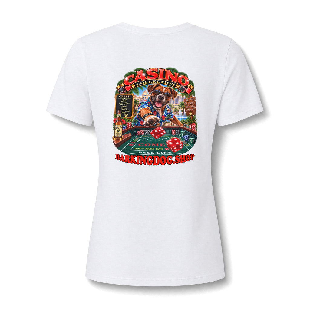 Boxer Craps Womens V Neck T Shirt Casino Collection Funny Casino Dog Graphic Tee Wag On BarkingDog Shop