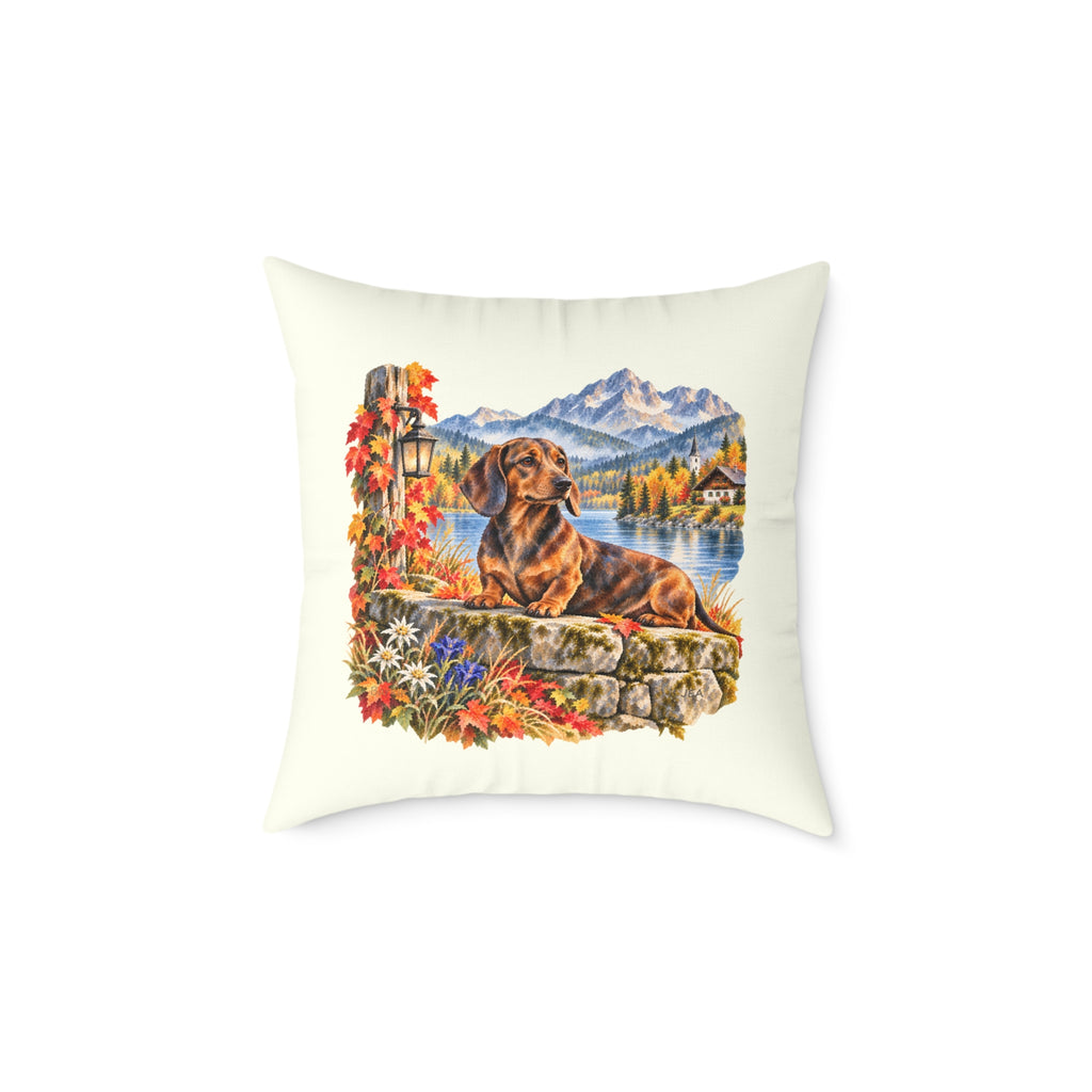 Dachshund Bavarian Alps Autumn Throw Pillow Ivory Home Decor Collection Alpine Lake Dog Decor BarkingDog Shop