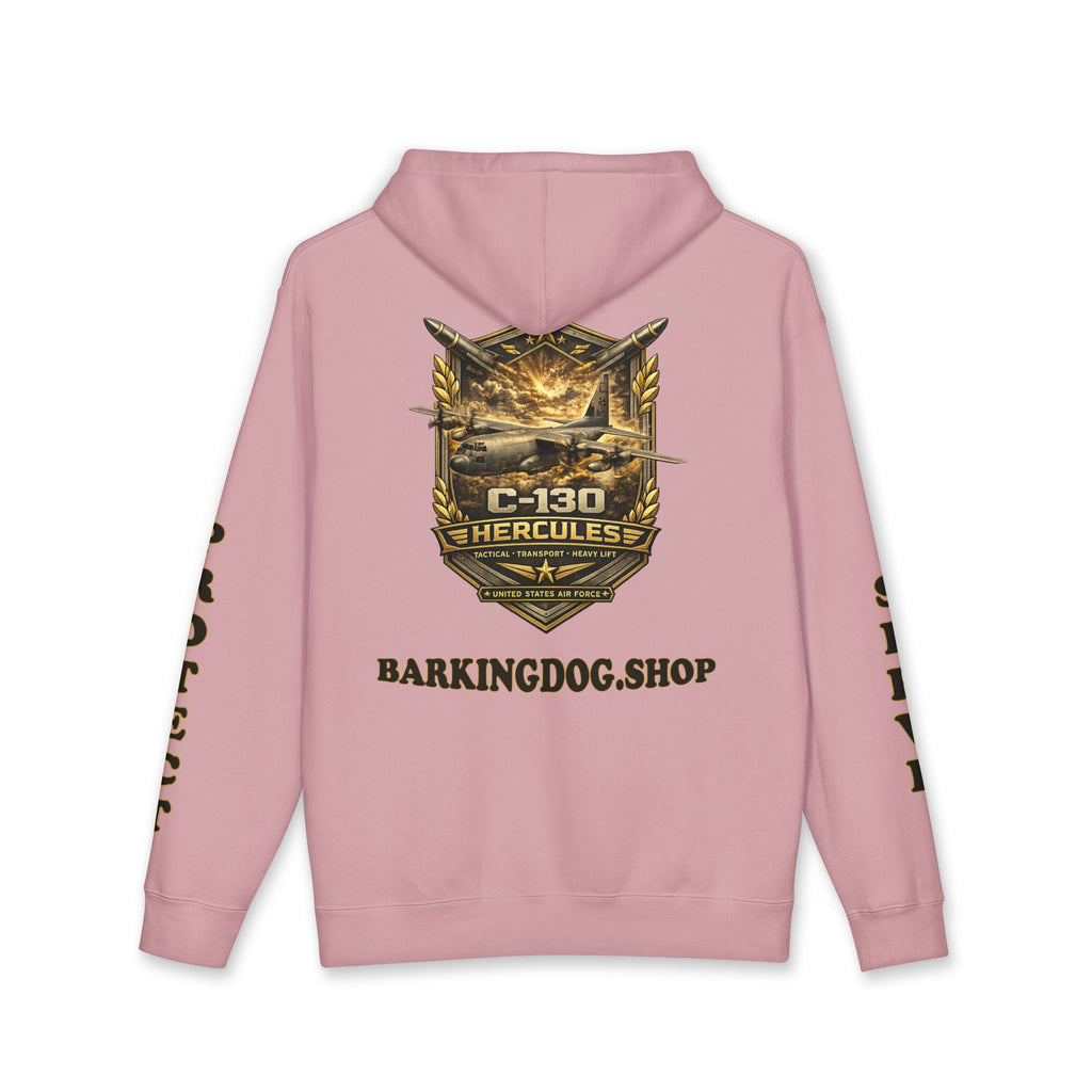 C-130 Hercules Tactical Transport Heavy Lift Airplane Hoodie — Barking Dog 'Wag On' Military Air Force Tribute