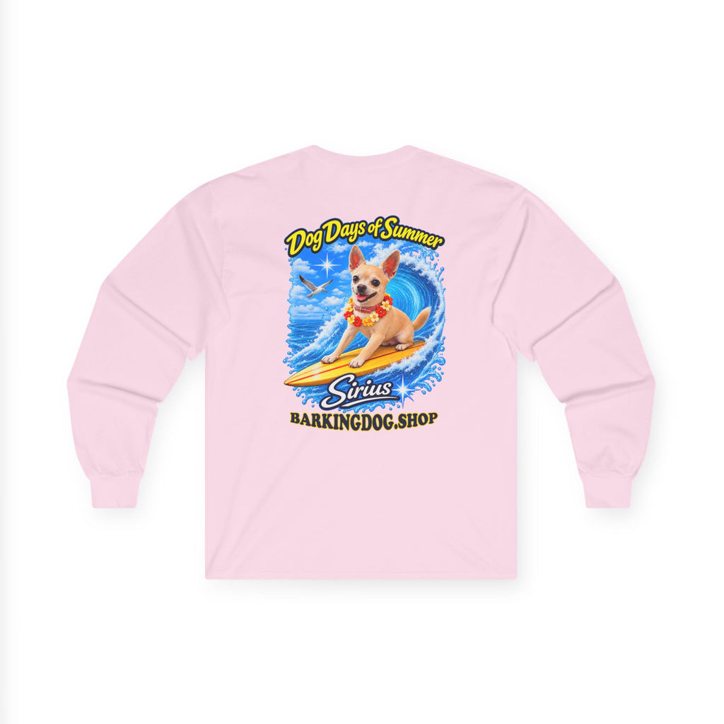Chihuahua Dog Days of Summer Surfboard Long Sleeve T Shirt Beach Collection Surfing Dog Graphic Tee Wag On BarkingDog Shop
