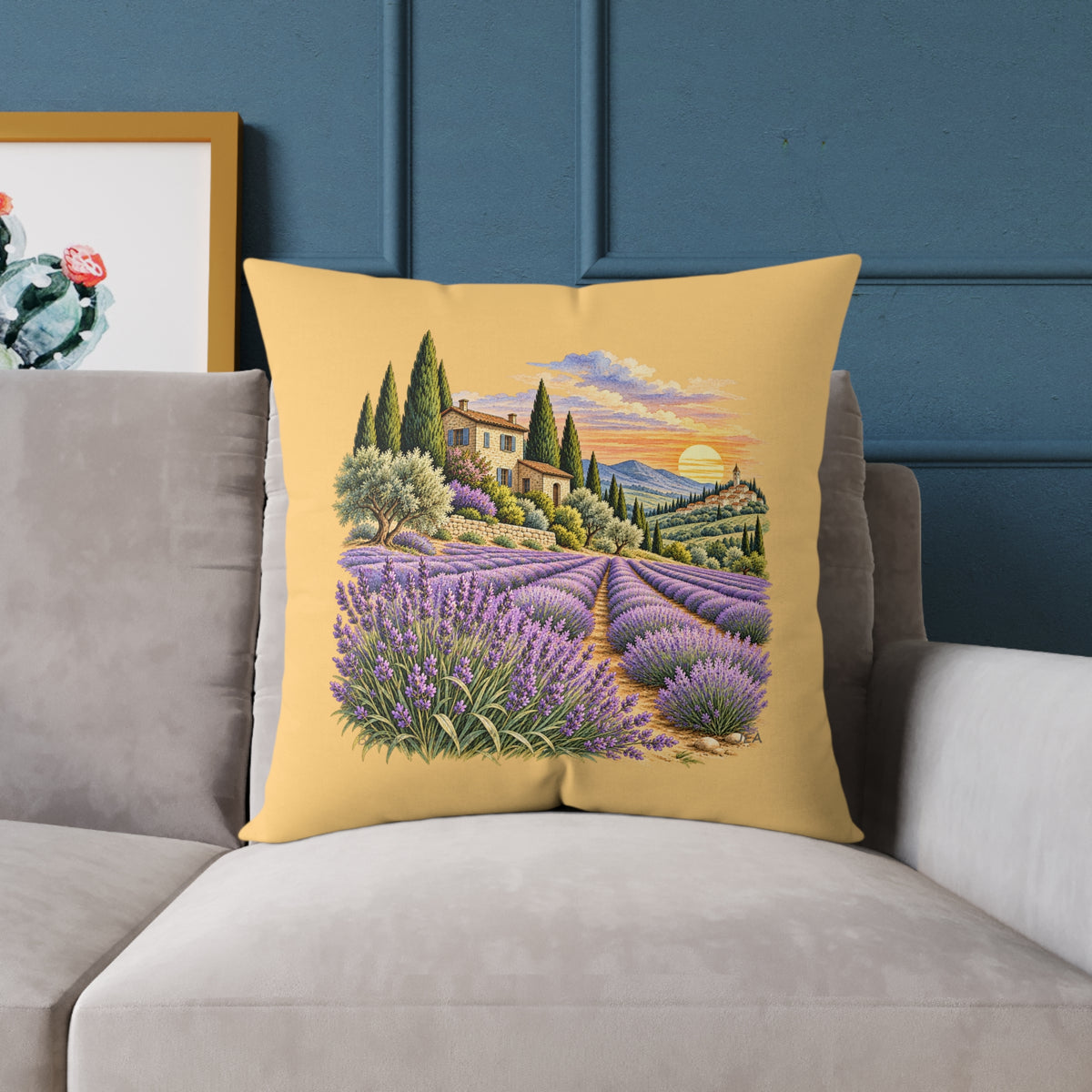 Lavender Fields Woodcut Relief Throw Pillow Warm Beige Floral Landscape Home Decor BarkingDog Shop