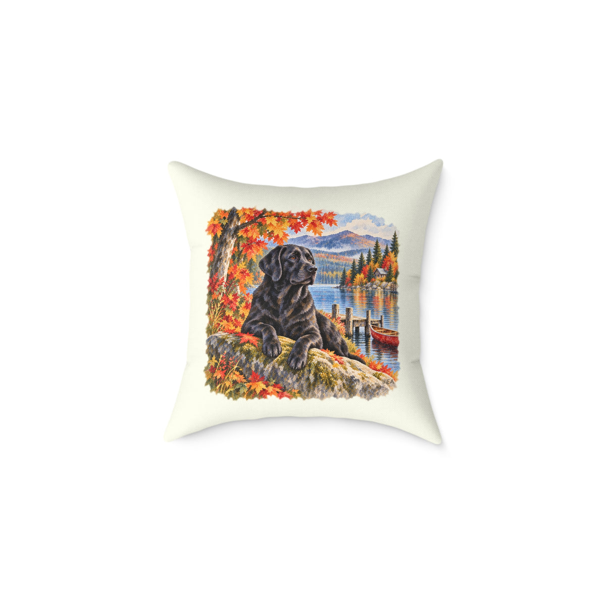 Black Labrador Maine Lake Autumn Throw Pillow Ivory Home Decor Collection Fall Mountain Dog Decor BarkingDog Shop