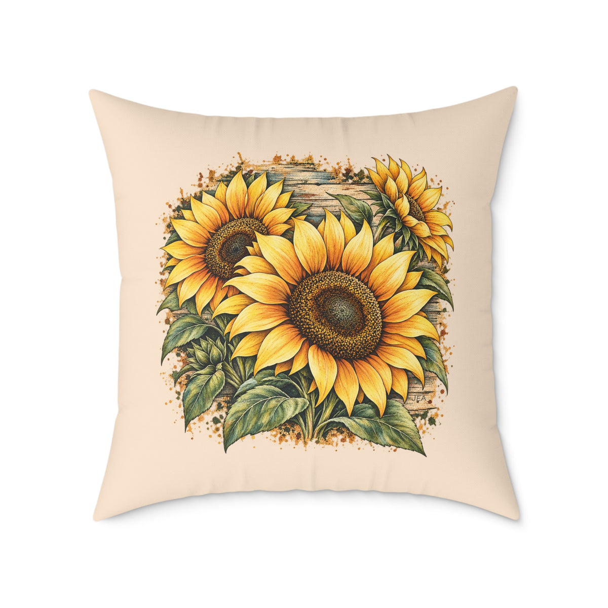 Sunflower Woodcut Relief Throw Pillow Warm Peach Floral Farmhouse Home Decor BarkingDog Shop