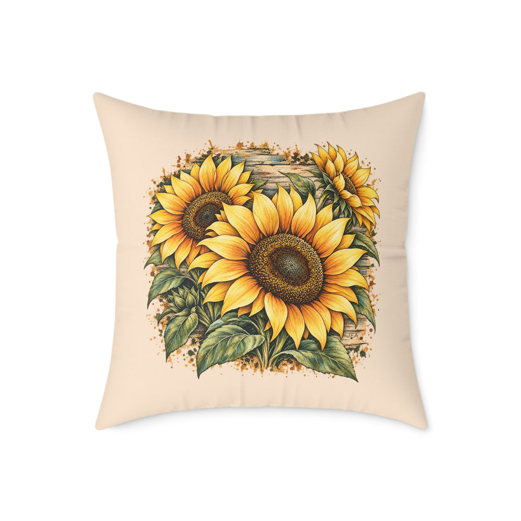 Sunflower Woodcut Relief Throw Pillow Warm Peach Floral Farmhouse Home Decor BarkingDog Shop