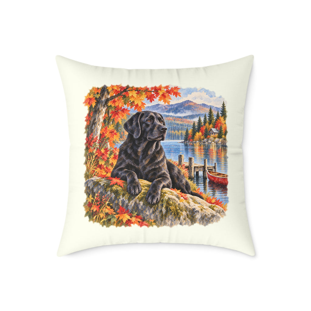 Black Labrador Maine Lake Autumn Throw Pillow Ivory Home Decor Collection Fall Mountain Dog Decor BarkingDog Shop