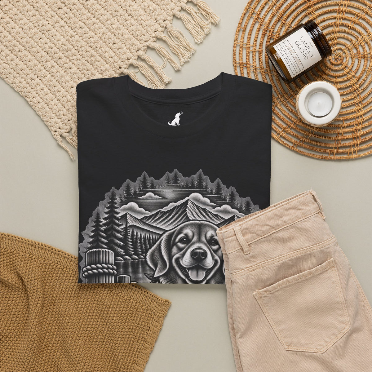 Golden Retriever Mountain Lake Wildlife Woodcut Tee Black Outdoor Canine Graphic T-Shirt BarkingDog Shop