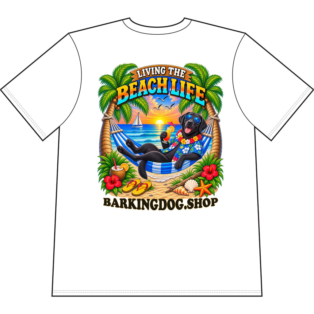 Black Labrador Beach Life Canine T Shirt Beach Collection Living the Beach Life Tropical Graphic Tee Wag On BarkingDog Shop