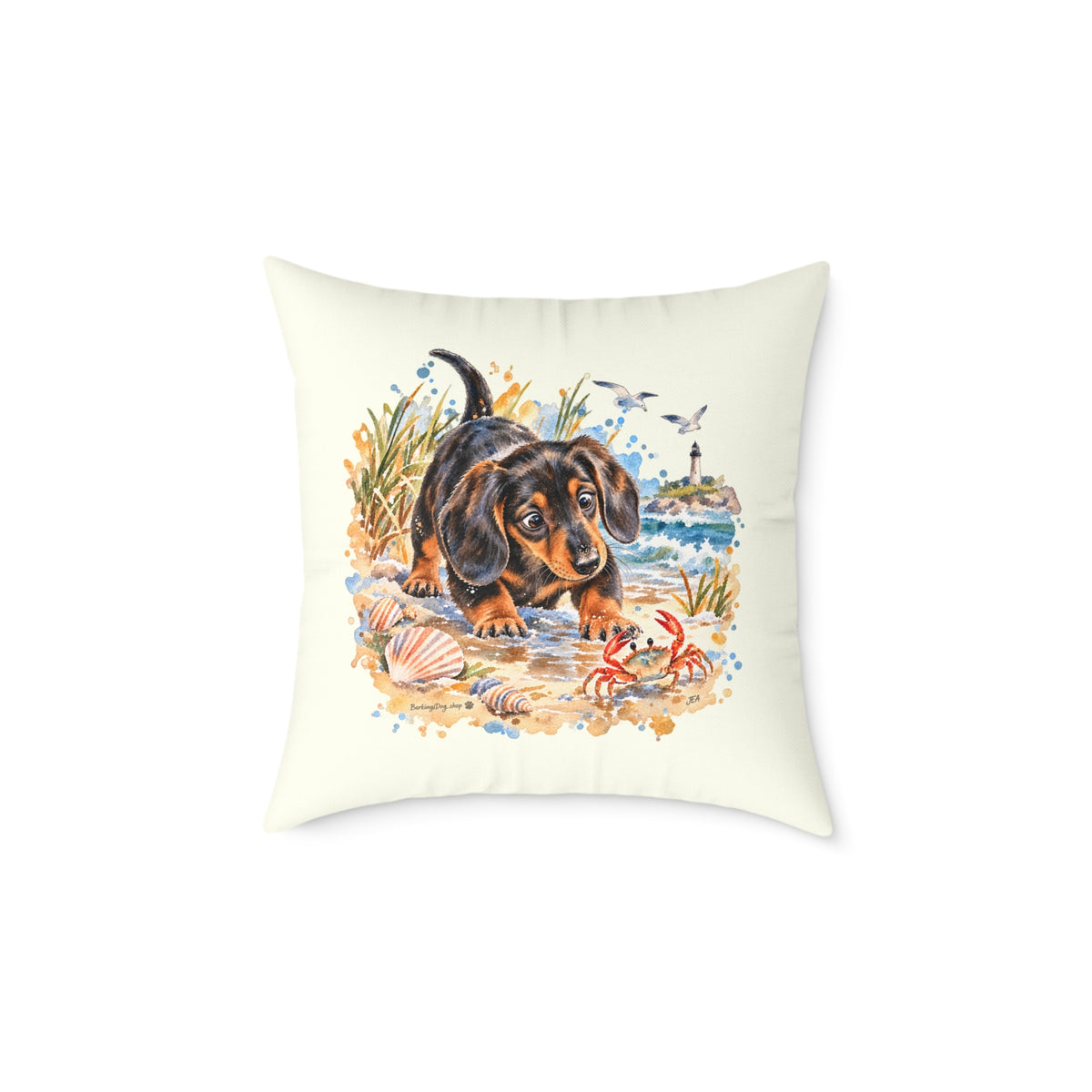 Dachshund Bewildered by Crab Beach Throw Pillow Ivory Home Decor Collection Funny Coastal Dog Decor BarkingDog Shop
