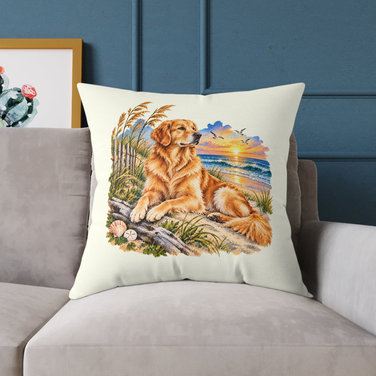 Golden Retriever Coastal North Carolina Sunrise Throw Pillow Ivory Home Decor Collection Beach Dog Decor BarkingDog Shop
