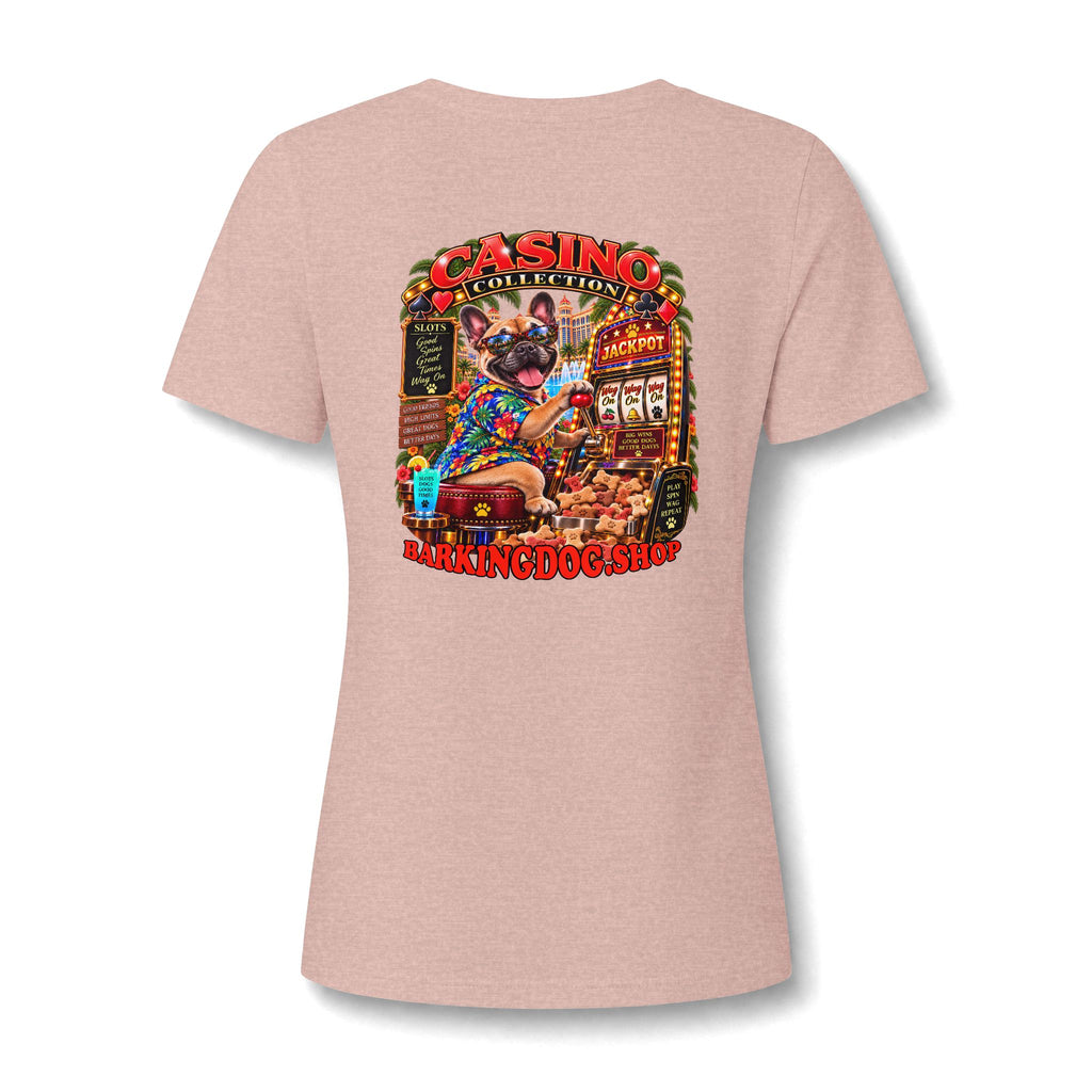 French Bulldog Slots Womens V Neck T Shirt Casino Collection Funny Casino Dog Graphic Tee Wag On BarkingDog Shop