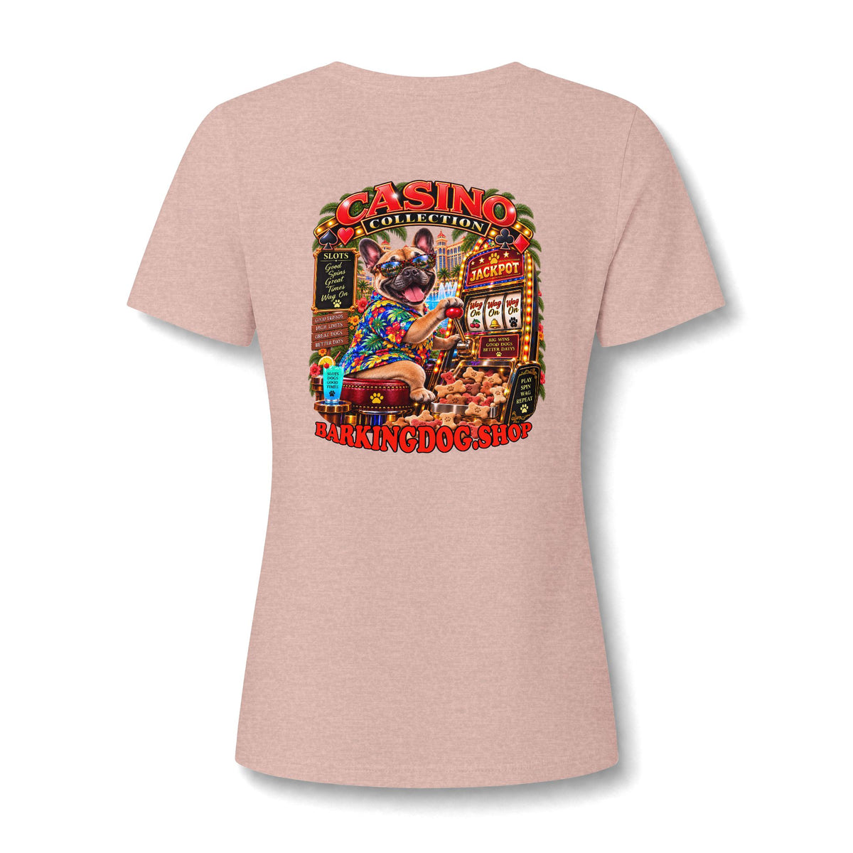 French Bulldog Slots Womens V Neck T Shirt Casino Collection Funny Casino Dog Graphic Tee Wag On BarkingDog Shop