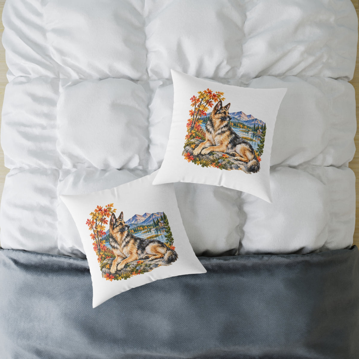 German Shepherd Scenic Autumn Throw Pillow White Home Decor Collection Mountain Lake Dog Decor BarkingDog Shop