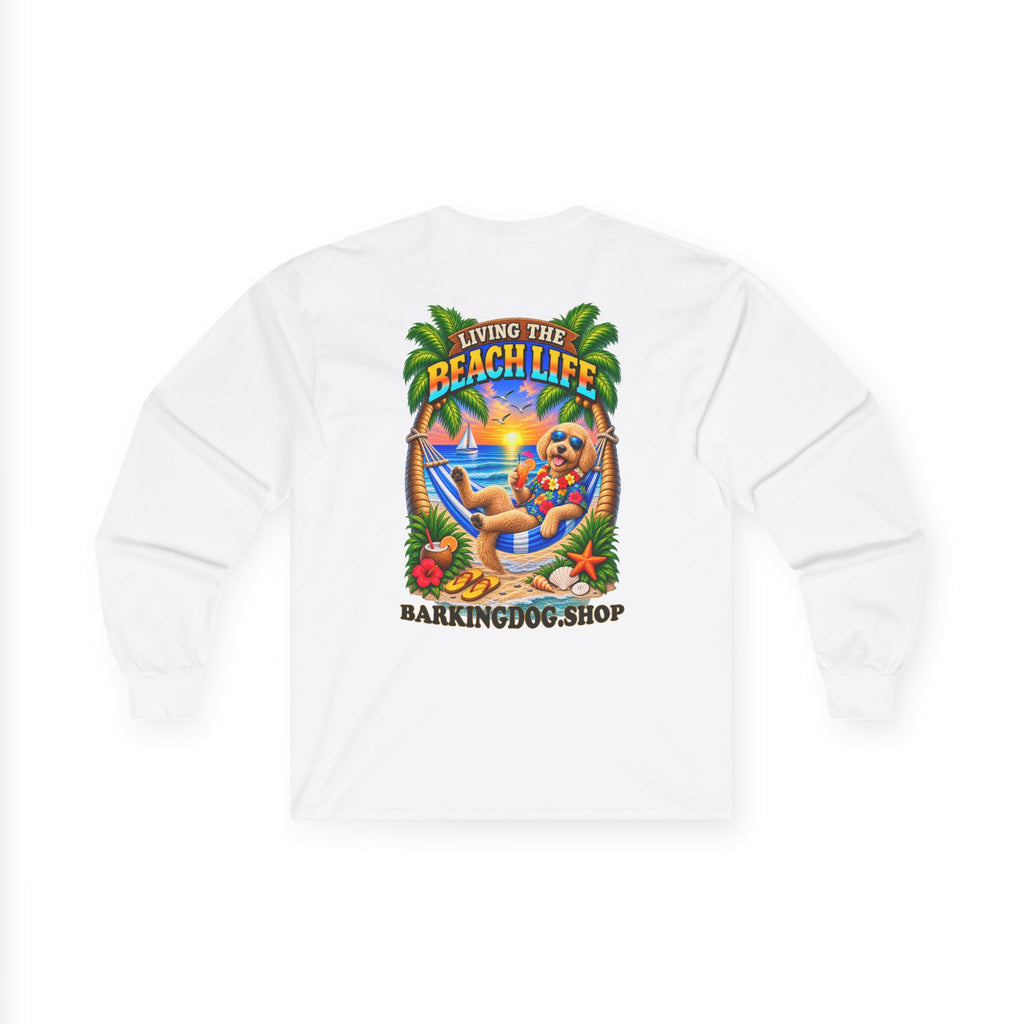 Golden Doodle Beach Life Canine Long Sleeve T Shirt Beach Collection Hammock Tropical Dog Graphic Tee Wag On BarkingDog Shop