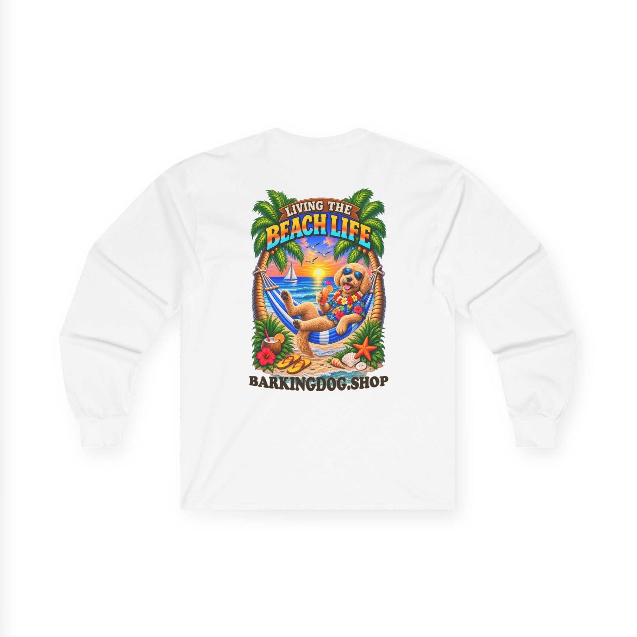 Golden Doodle Beach Life Canine Long Sleeve T Shirt Beach Collection Hammock Tropical Dog Graphic Tee Wag On BarkingDog Shop