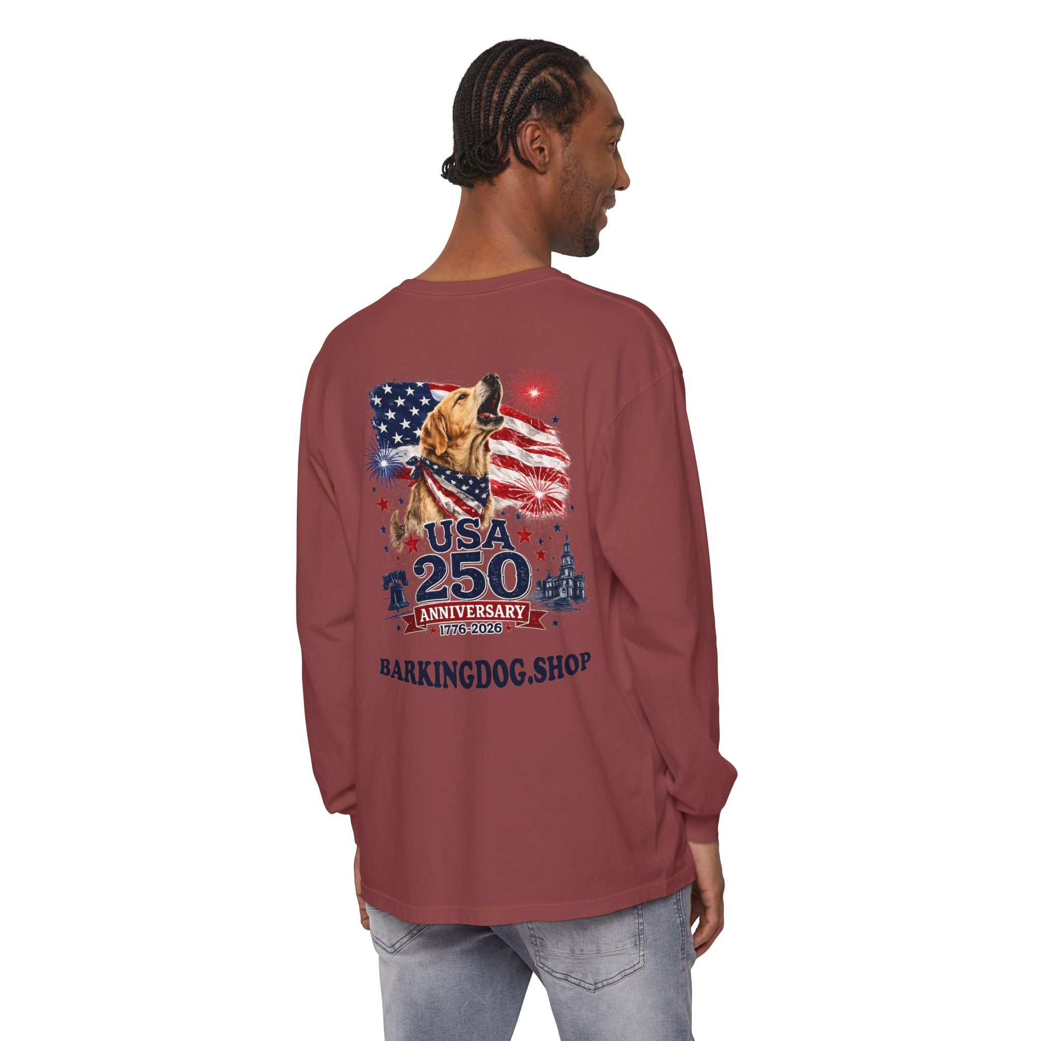 USA 250th Anniversary Long Sleeve T-Shirt — Patriotic Dog Flag Design