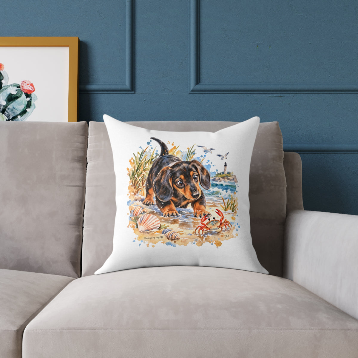 Dachshund Bewildered by Crab Beach Throw Pillow White Home Decor Collection Funny Coastal Dog Decor BarkingDog Shop
