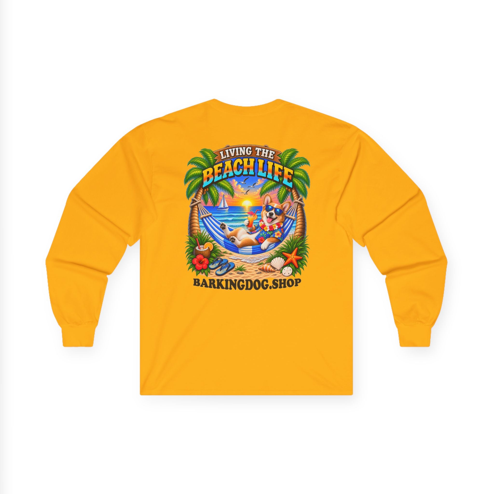 Pembroke Welsh Corgi Beach Life Canine Long Sleeve T Shirt Beach Collection Hammock Tropical Dog Graphic Tee Wag On BarkingDog Shop