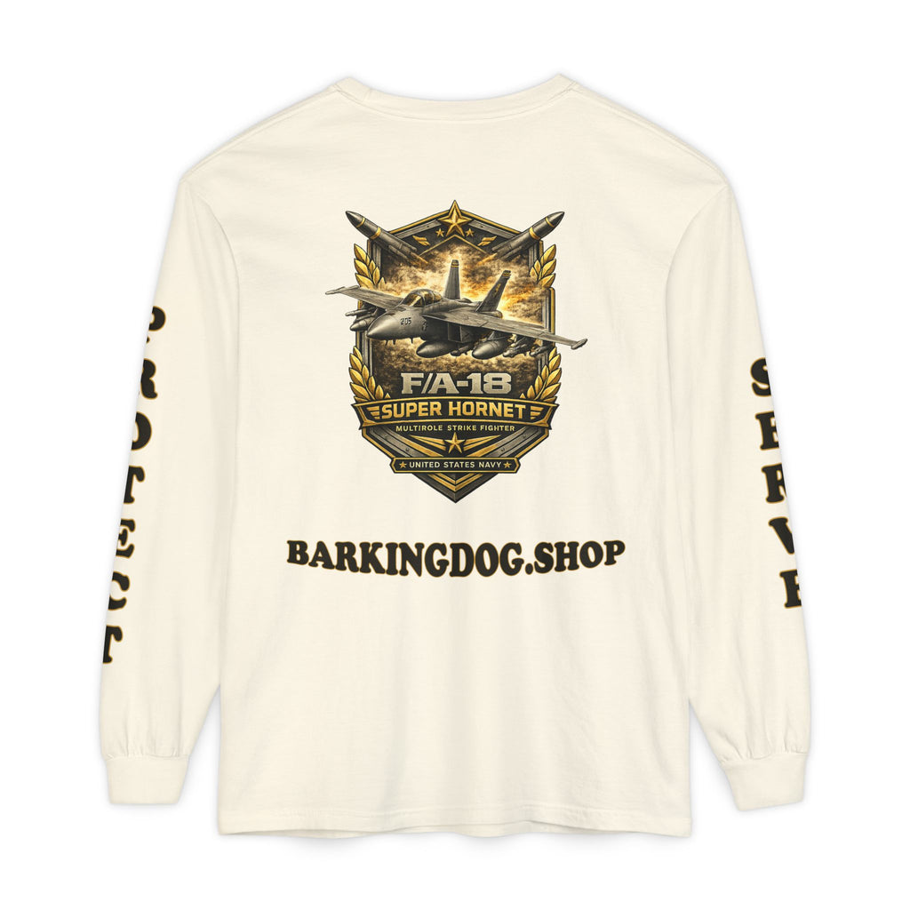 F/A-18 Super Hornet Long Sleeve Tee — Barking Dog 'Wag On' Military Navy Tribute