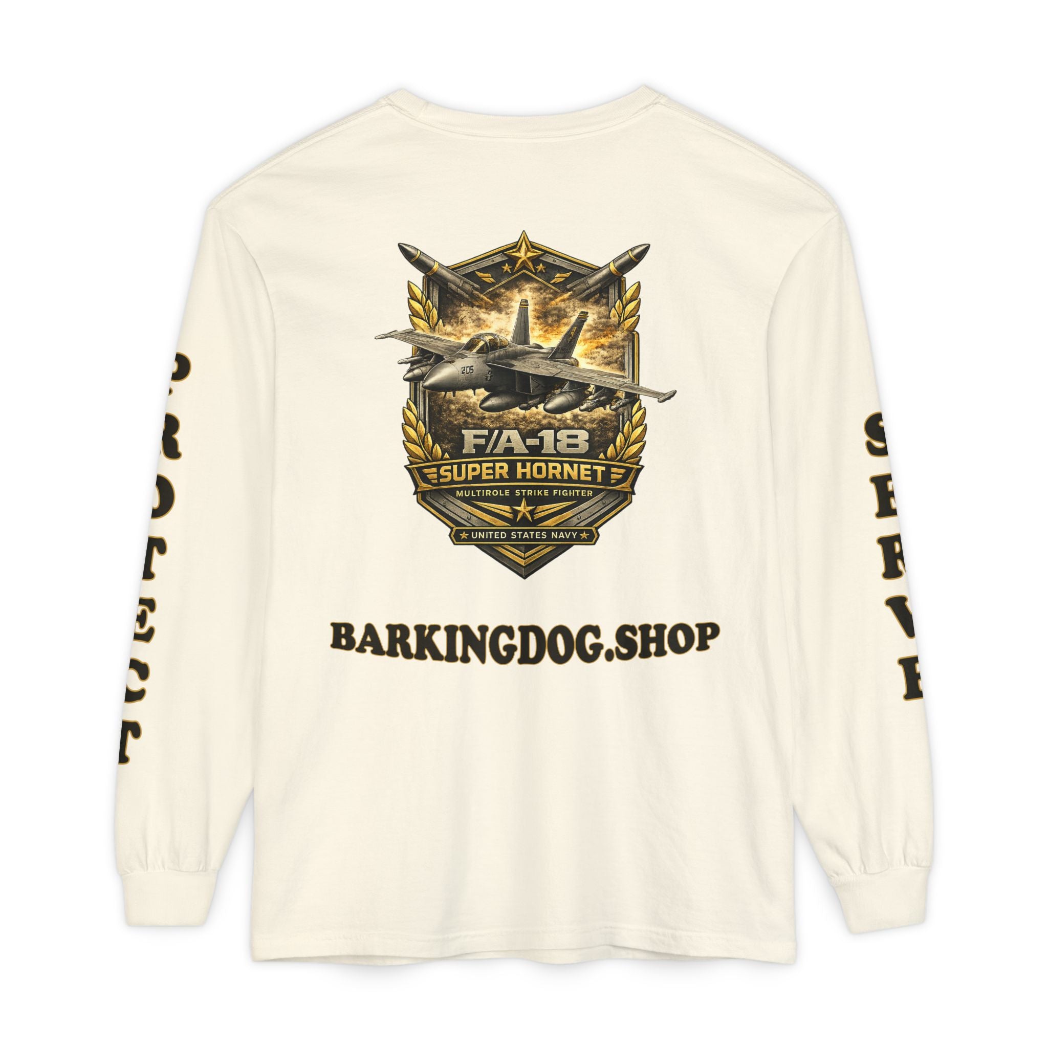 F/A-18 Super Hornet Long Sleeve Tee — Barking Dog 'Wag On' Military Navy Tribute