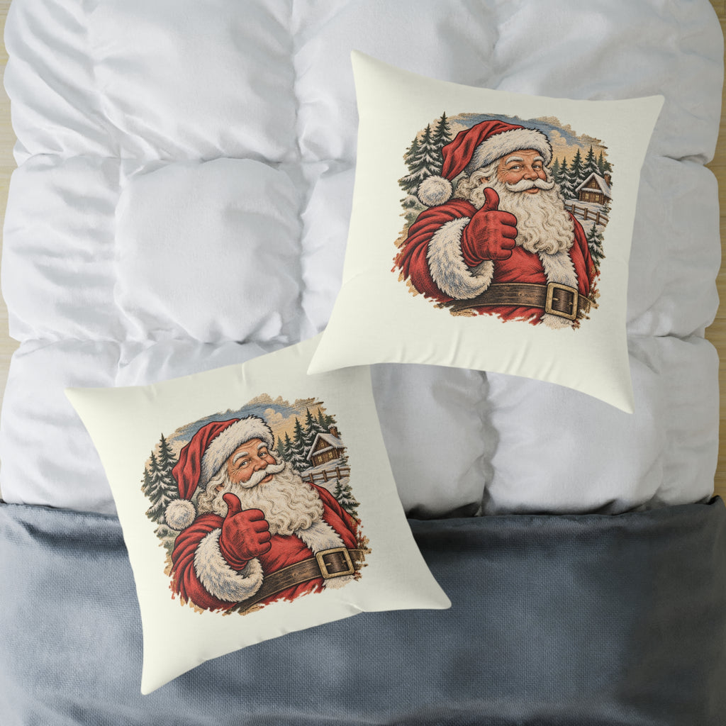 Santa Thumbs Up Woodcut Relief Throw Cushion Ivory Holiday Decoration BarkingDog Shop