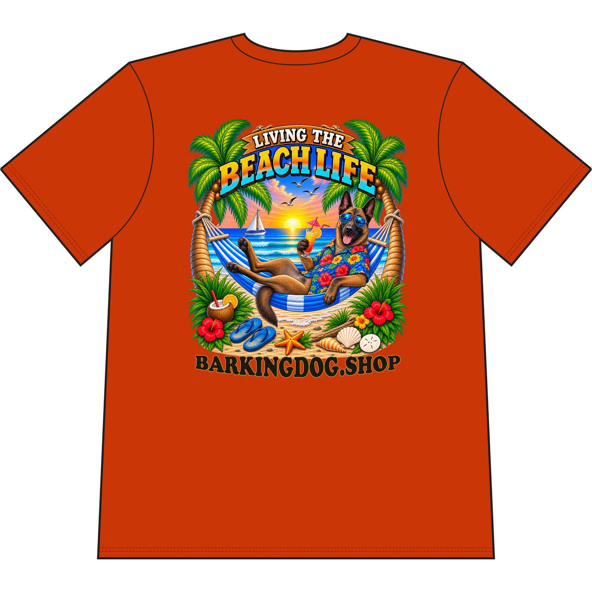Belgian Malinois Beach Life Canine T Shirt Beach Collection Living the Beach Life Tropical Graphic Tee Wag On BarkingDog Shop