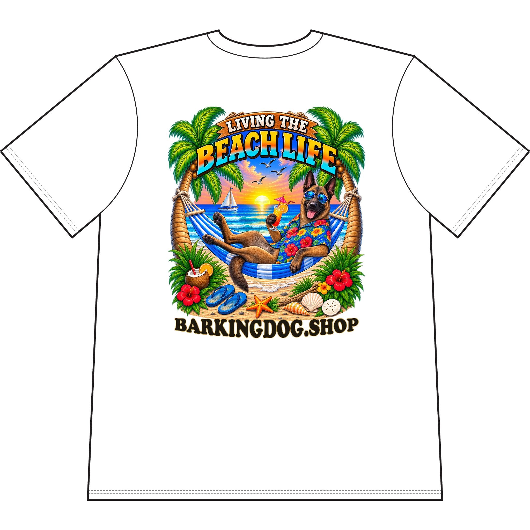Belgian Malinois Beach Life Canine T Shirt Beach Collection Living the Beach Life Tropical Graphic Tee Wag On BarkingDog Shop