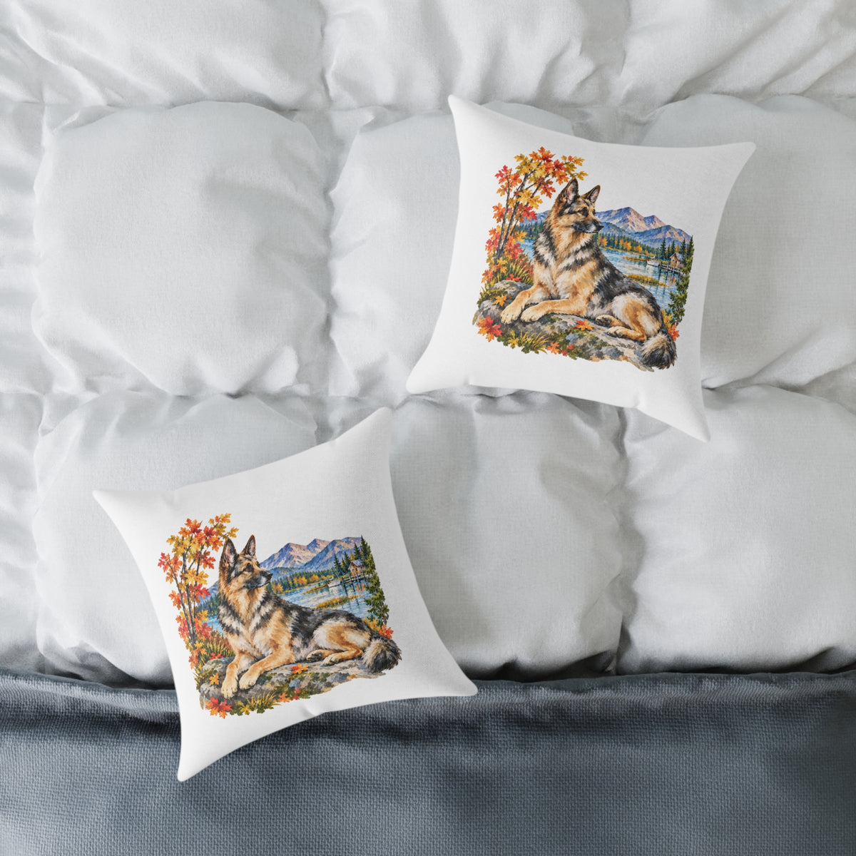 German Shepherd Scenic Autumn Throw Pillow White Home Decor Collection Mountain Lake Dog Decor BarkingDog Shop