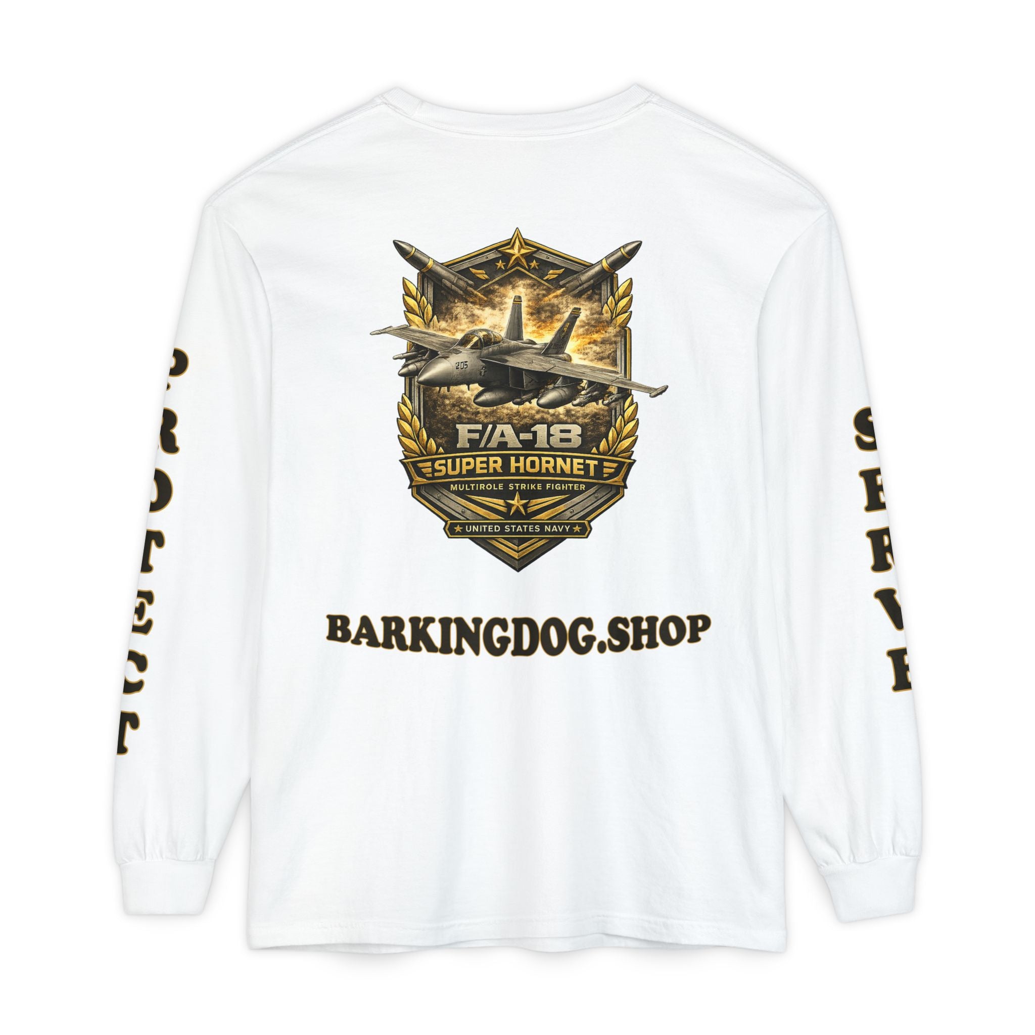 F/A-18 Super Hornet Long Sleeve Tee — Barking Dog 'Wag On' Military Navy Tribute