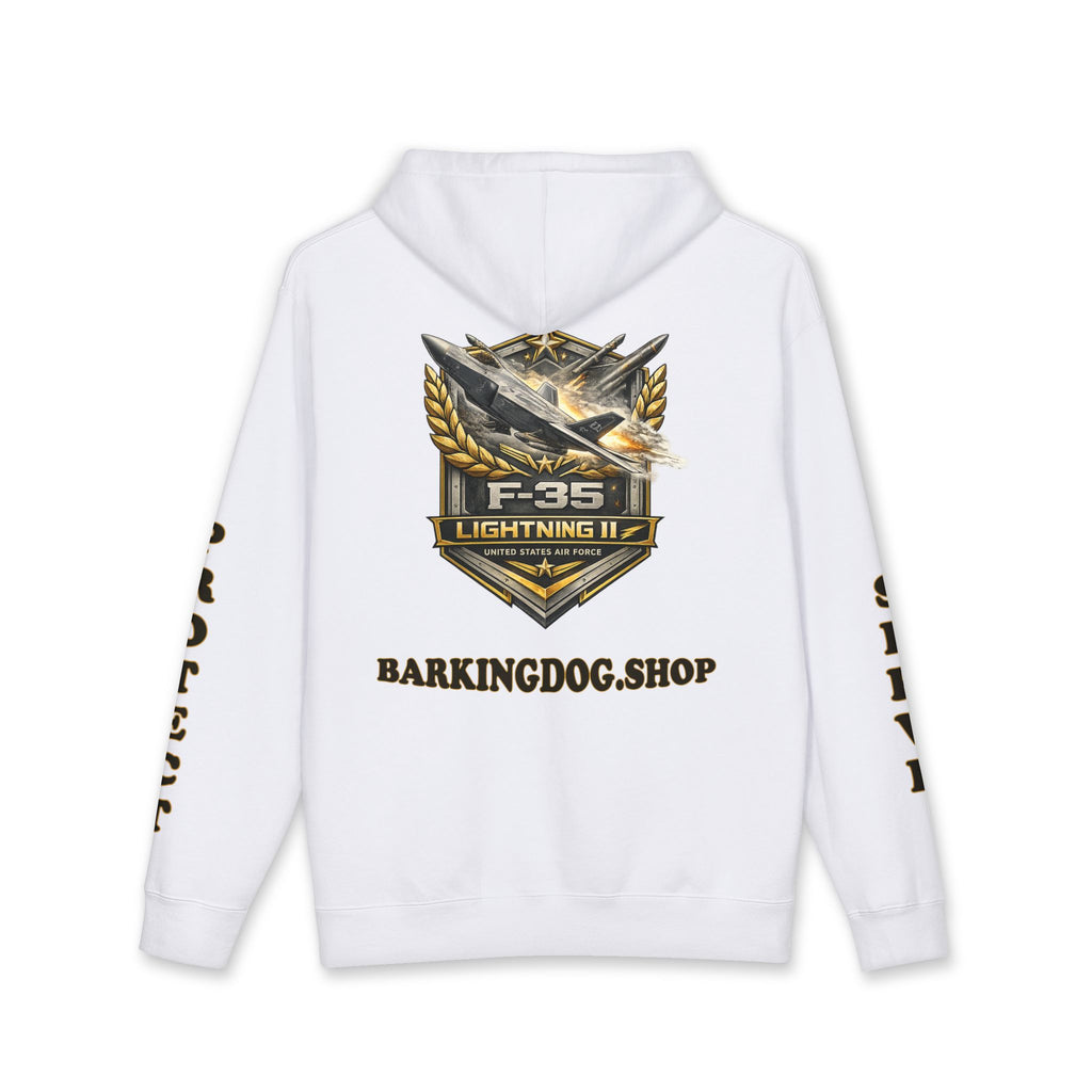 F-35 Lightning II Jet Hoodie — Barking Dog 'Wag On' Military Air Force Tribute