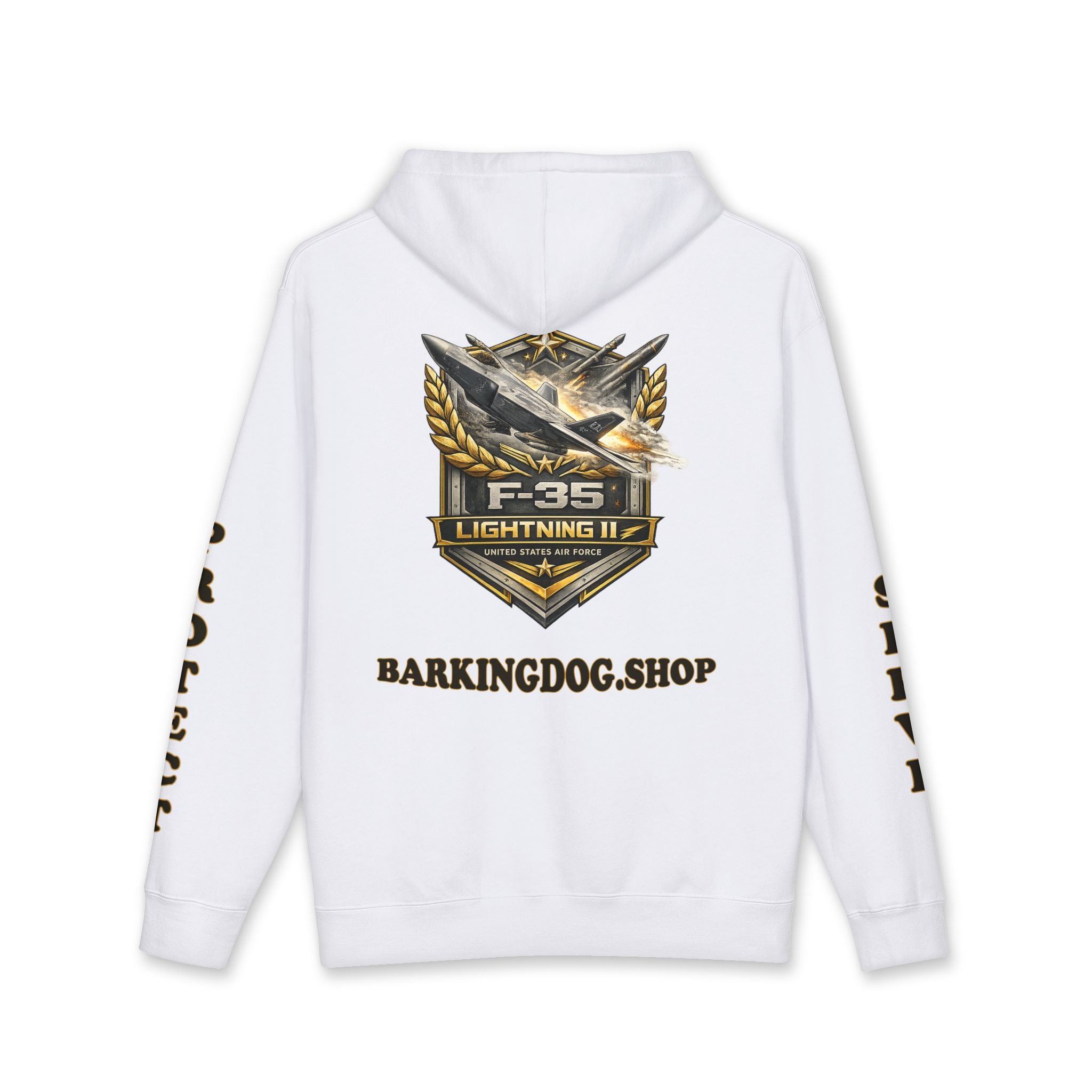 F-35 Lightning II Jet Hoodie — Barking Dog 'Wag On' Military Air Force Tribute