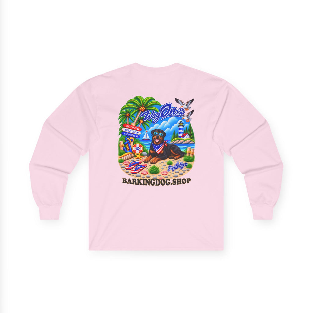 Rottweiler Stay Salty Pup Long Sleeve T Shirt Beach Collection Coastal Dog Graphic Tee Wag On BarkingDog Shop