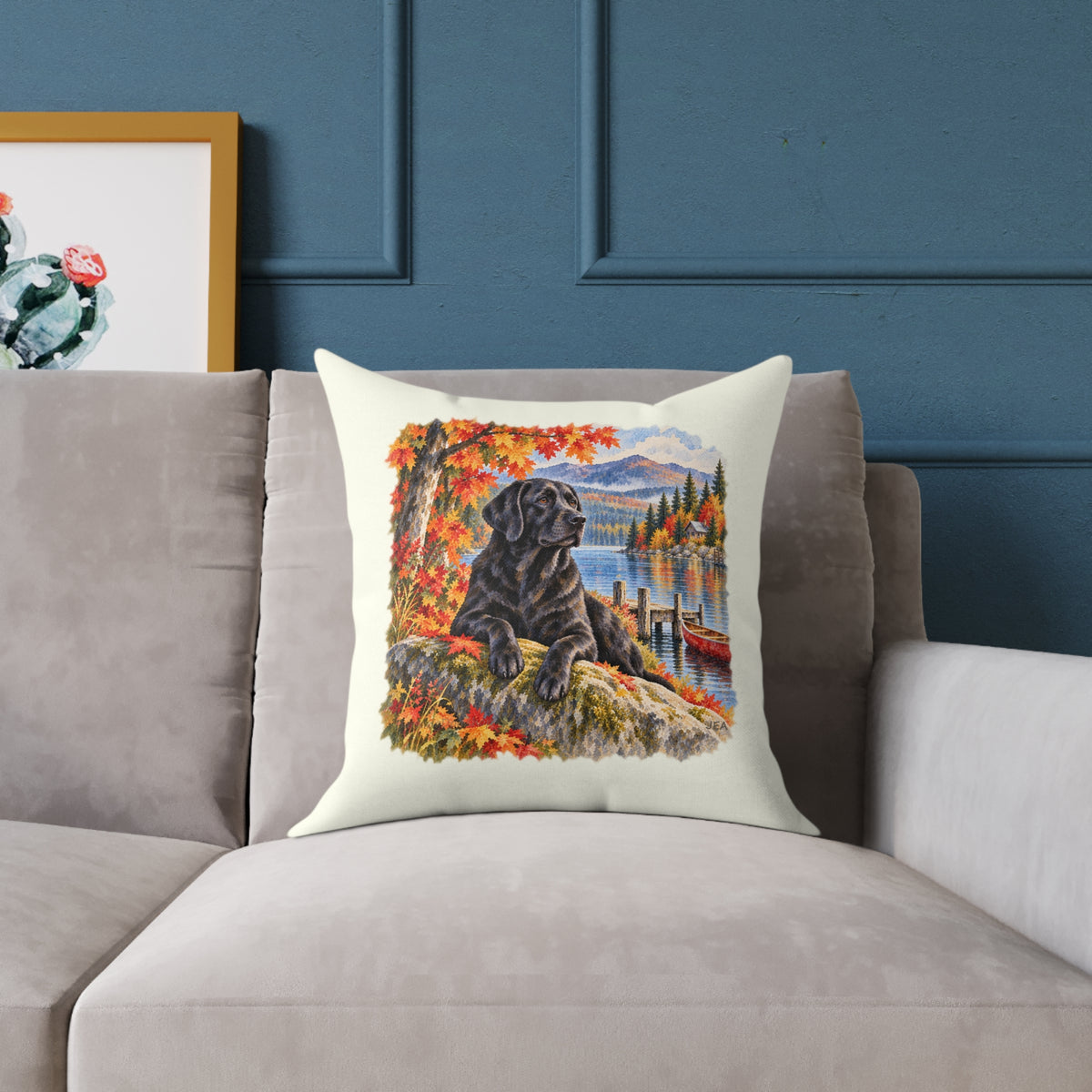 Black Labrador Maine Lake Autumn Throw Pillow Ivory Home Decor Collection Fall Mountain Dog Decor BarkingDog Shop