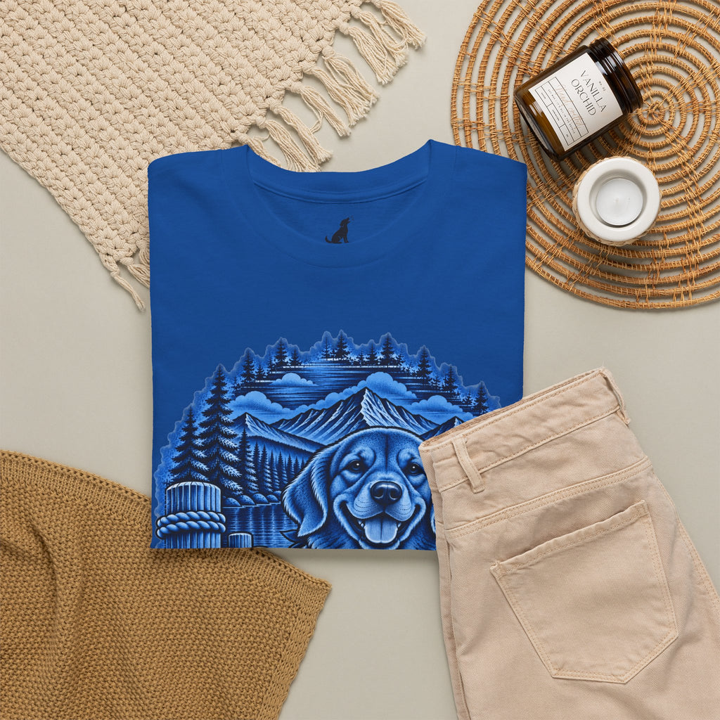 Golden Retriever Mountain Lake Wildlife Woodcut Tee Blue Outdoor Canine Graphic T-Shirt BarkingDog Shop
