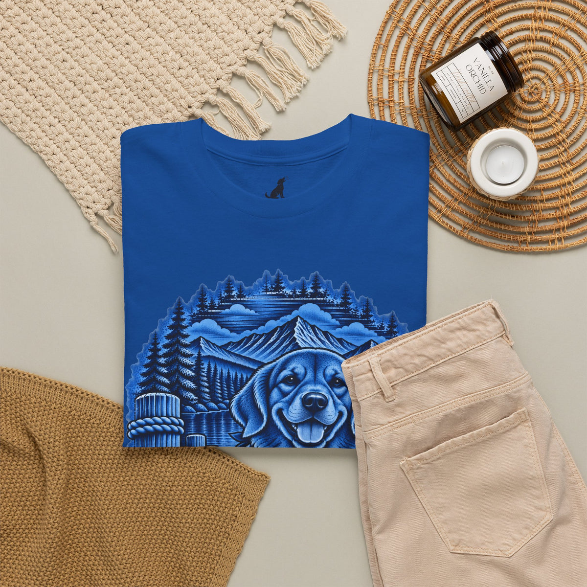 Golden Retriever Mountain Lake Wildlife Woodcut Tee Blue Outdoor Canine Graphic T-Shirt BarkingDog Shop