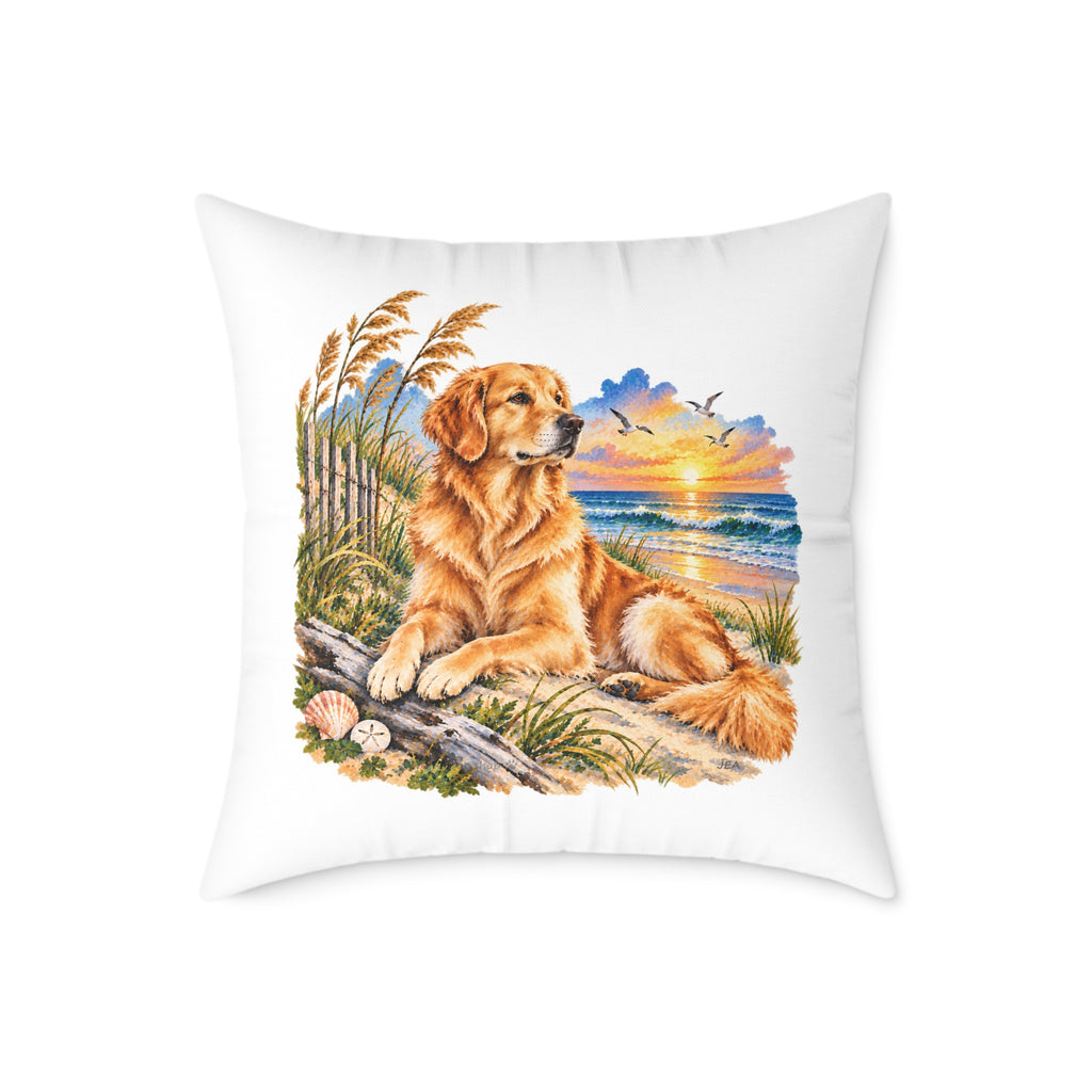 Golden Retriever Coastal North Carolina Sunrise Throw Pillow White Home Decor Collection Beach Dog Decor BarkingDog Shop