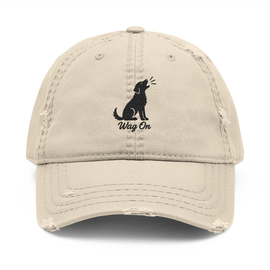 Distressed Embroidered Hat — 'Wag On' Dog Silhouette Cap