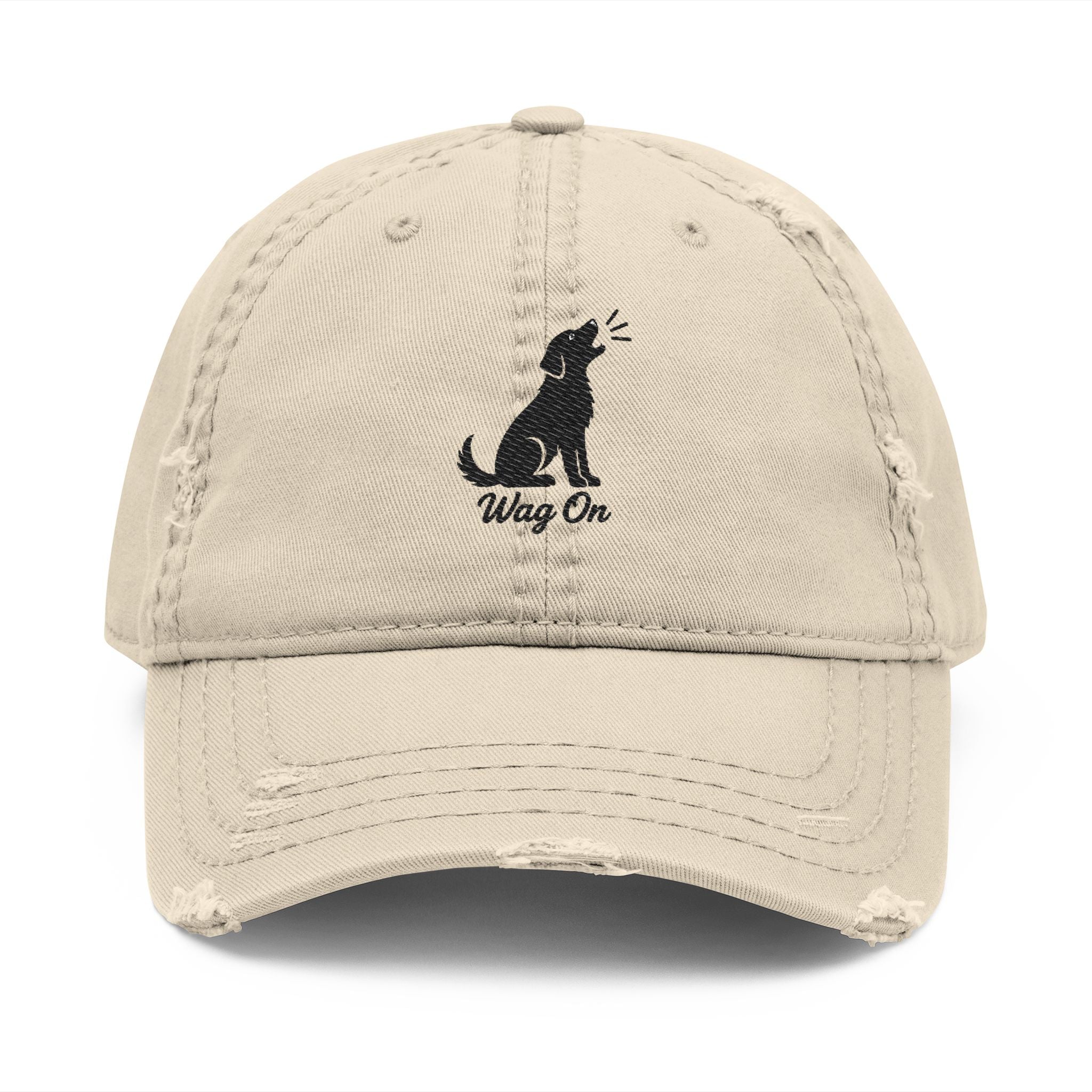 Distressed Embroidered Hat — 'Wag On' Dog Silhouette Cap