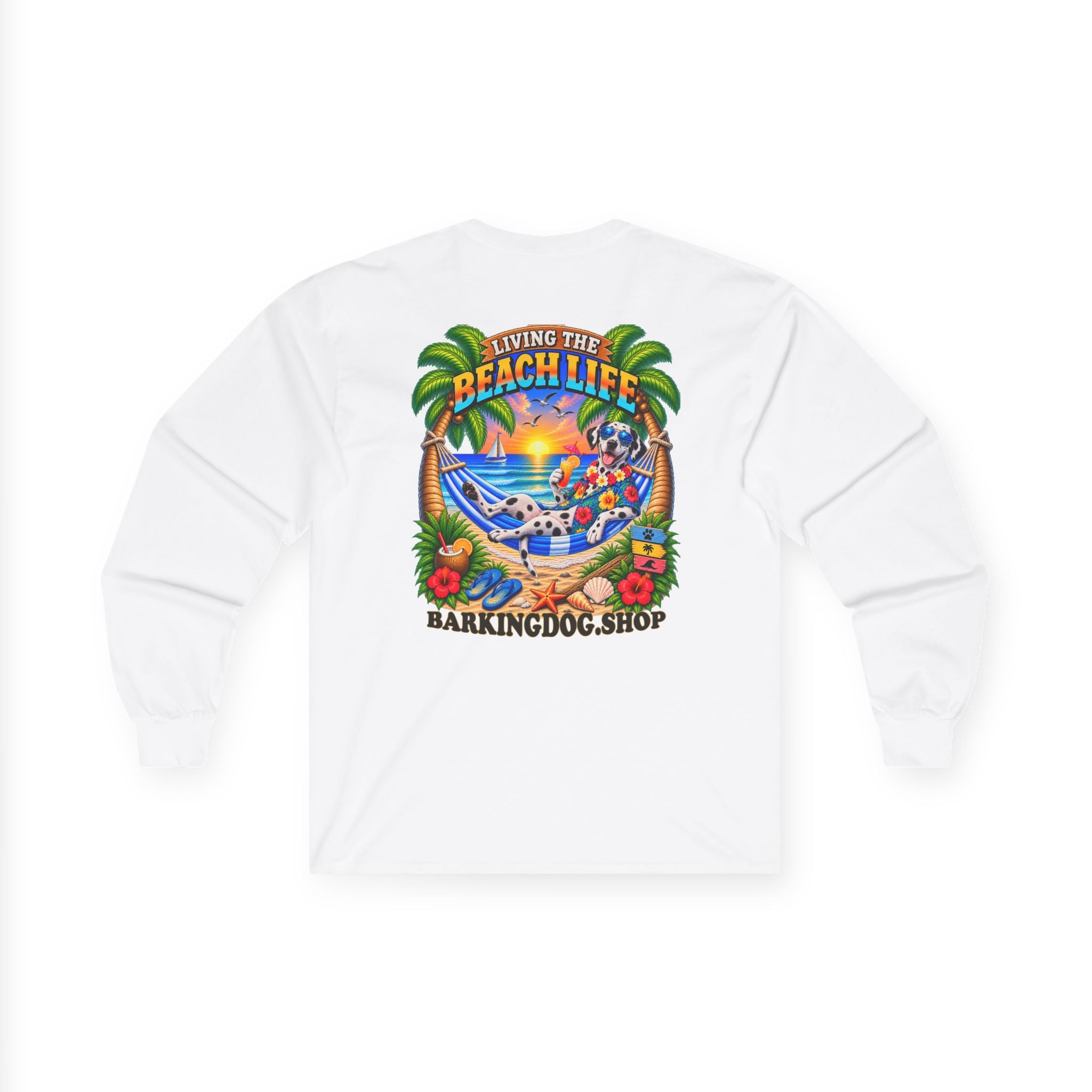 Dalmatian Beach Life Canine Long Sleeve T Shirt Beach Collection Hammock Tropical Dog Graphic Tee Wag On BarkingDog Shop