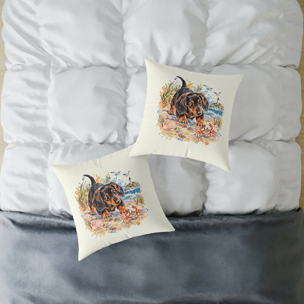 Dachshund Bewildered by Crab Beach Throw Pillow Ivory Home Decor Collection Funny Coastal Dog Decor BarkingDog Shop