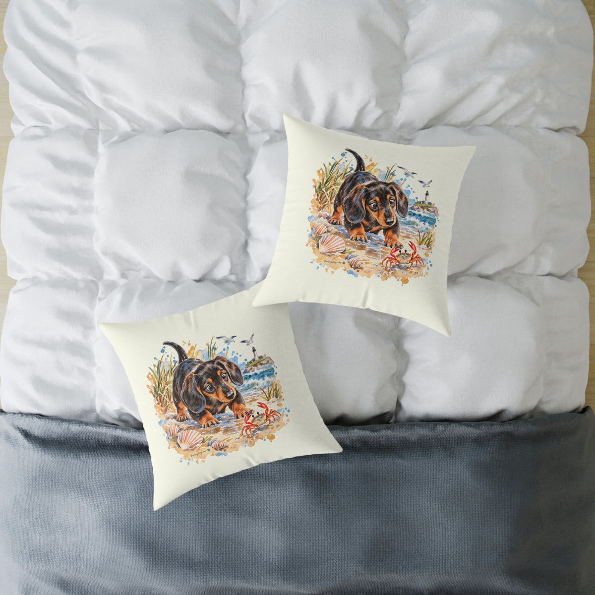 Dachshund Bewildered by Crab Beach Throw Pillow Ivory Home Decor Collection Funny Coastal Dog Decor BarkingDog Shop