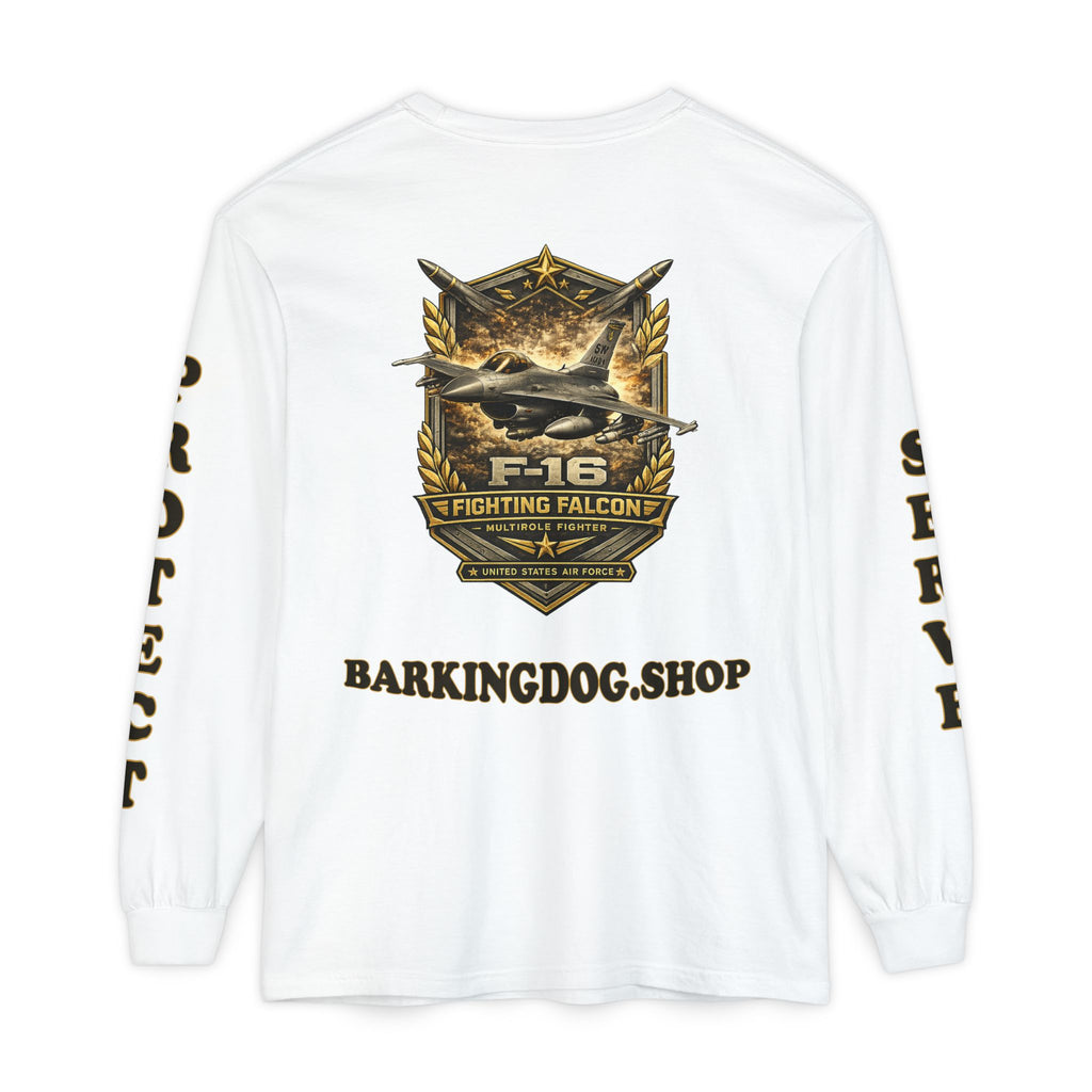 F-16 Fighting Falcon Long Sleeve Tee — Barking Dog 'Wag On' Military Air Force Tribute