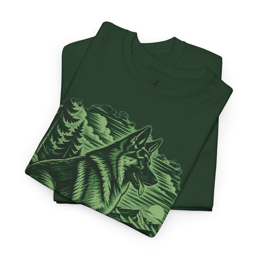 German Shepherd Overlook Wildlife Woodcut Tee Green Outdoor Canine Graphic T-Shirt BarkingDog Shop