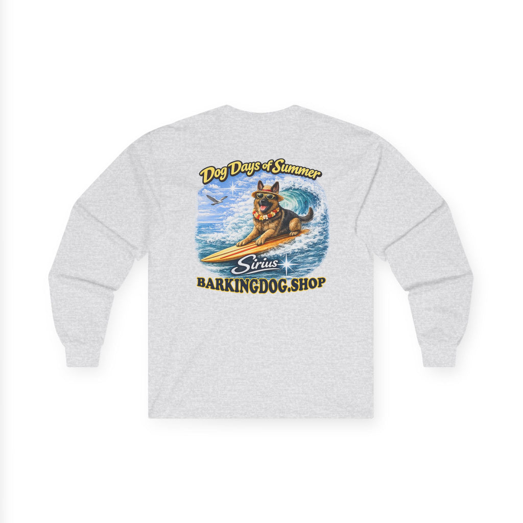 German Shepherd Dog Days of Summer Surfboard Long Sleeve T Shirt Beach Collection Surfing Dog Graphic Tee Wag On BarkingDog Shop