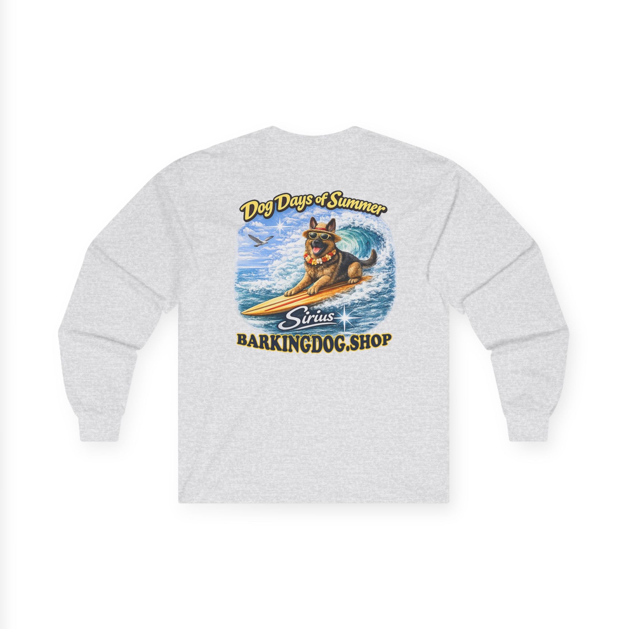 German Shepherd Dog Days of Summer Surfboard Long Sleeve T Shirt Beach Collection Surfing Dog Graphic Tee Wag On BarkingDog Shop