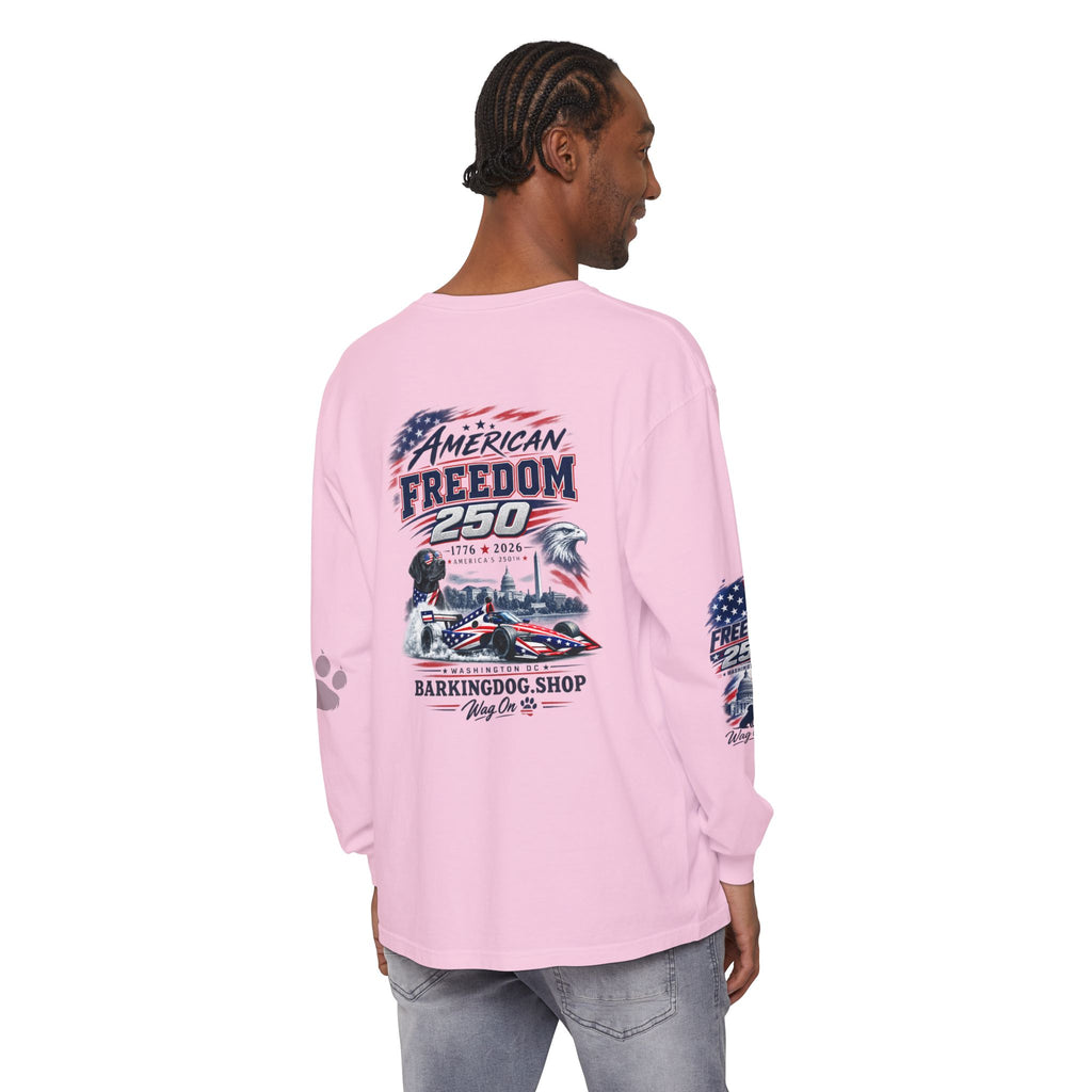 American Freedom 250 Long Sleeve T Shirt USA Country 250th Anniversary Patriotic Racing Dog Tee Wag On BarkingDog Shop
