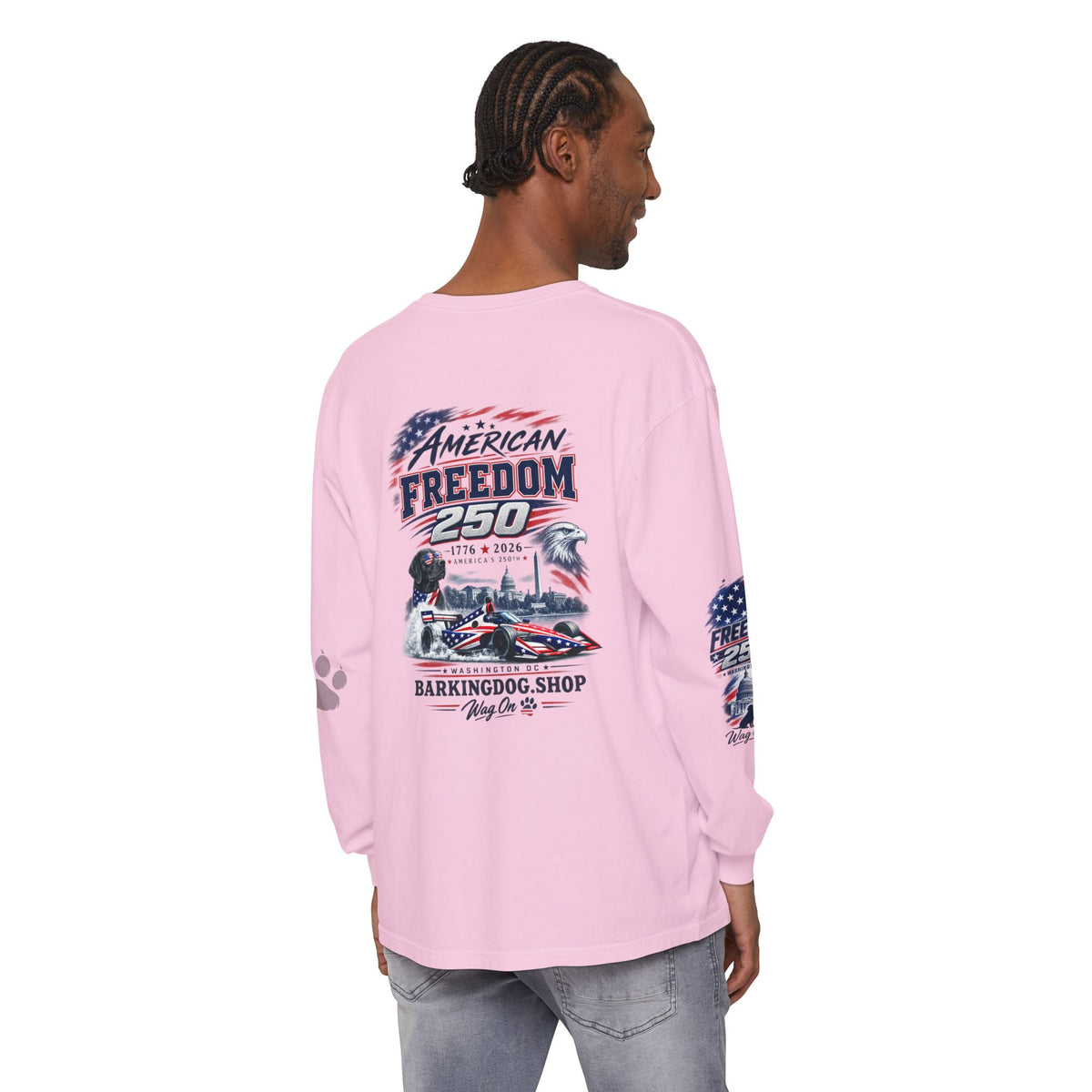 American Freedom 250 Long Sleeve T Shirt USA Country 250th Anniversary Patriotic Racing Dog Tee Wag On BarkingDog Shop
