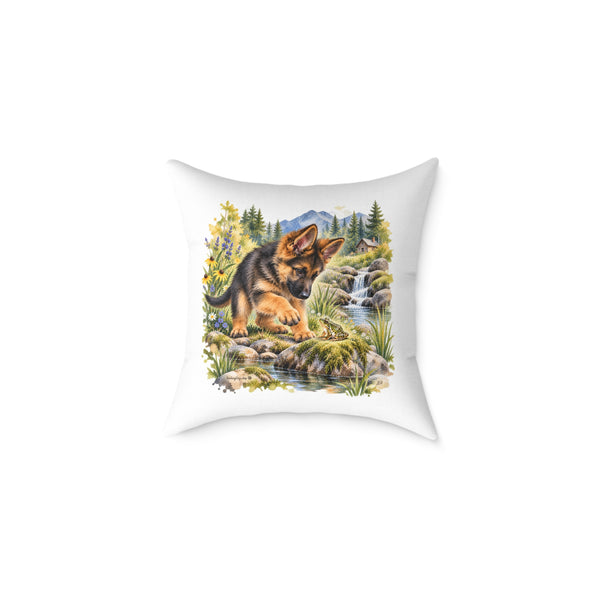 German Shepherd Puppy Frog Creek Throw Pillow White Home Decor Collection Woodland Watercolor Dog Decor BarkingDog Shop