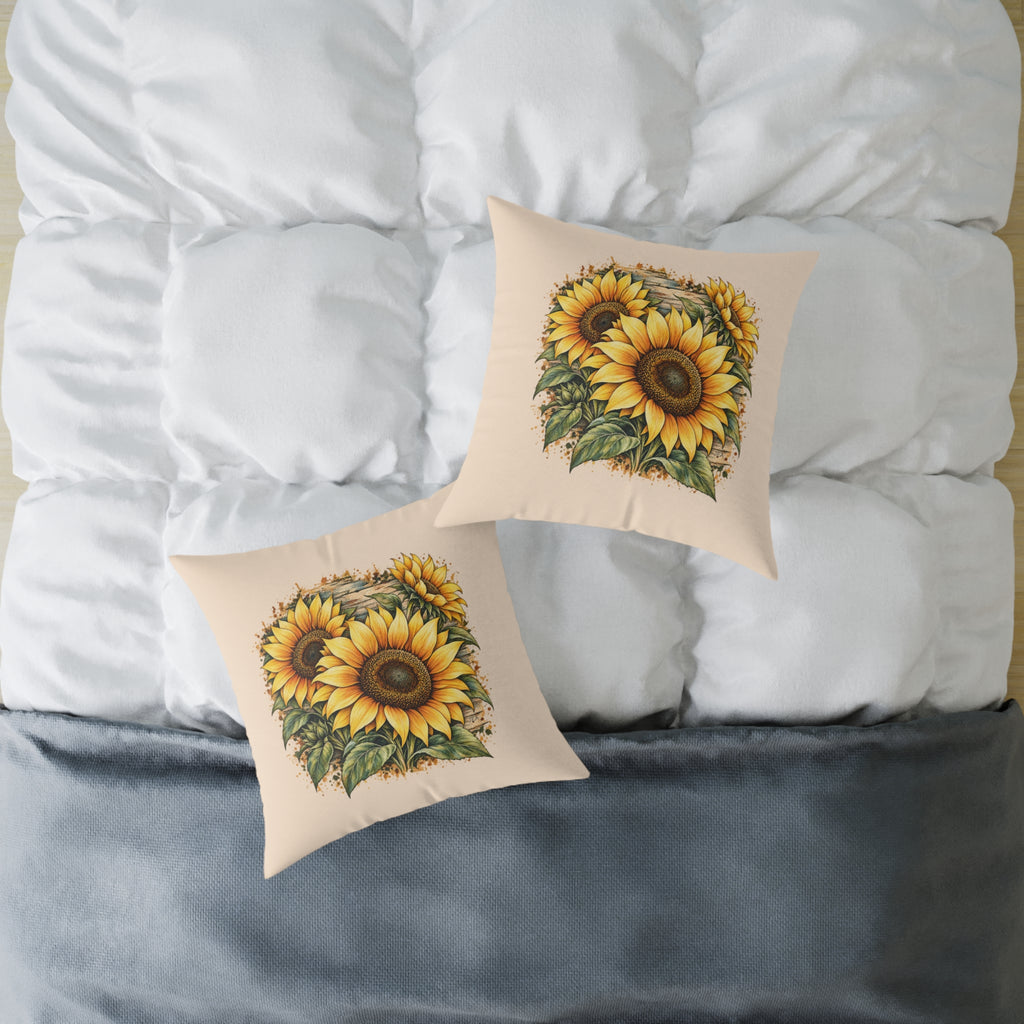 Sunflower Woodcut Relief Throw Pillow Warm Peach Floral Farmhouse Home Decor BarkingDog Shop